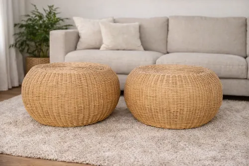 Set X 2 Puff Fibras Naturales Tejido Trenzado 60 Cm