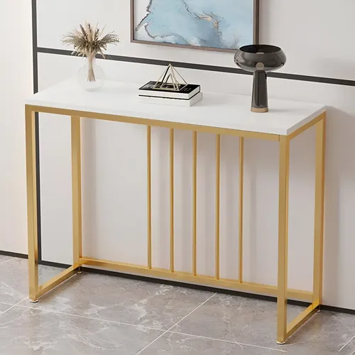 Mesa Recibidora De Arrime Auxiliar Nórdica De Diseño Tapa Madera Blanco Con Dorado Levys Bazar