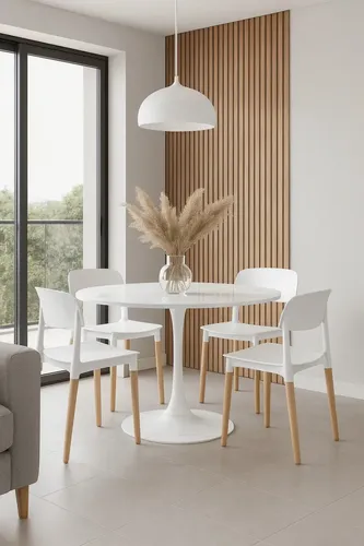 Juego De Comedor Mesa Tulip 100cm Simil Marmol + 4 Sillas Blanco Simil Marmol Blanco